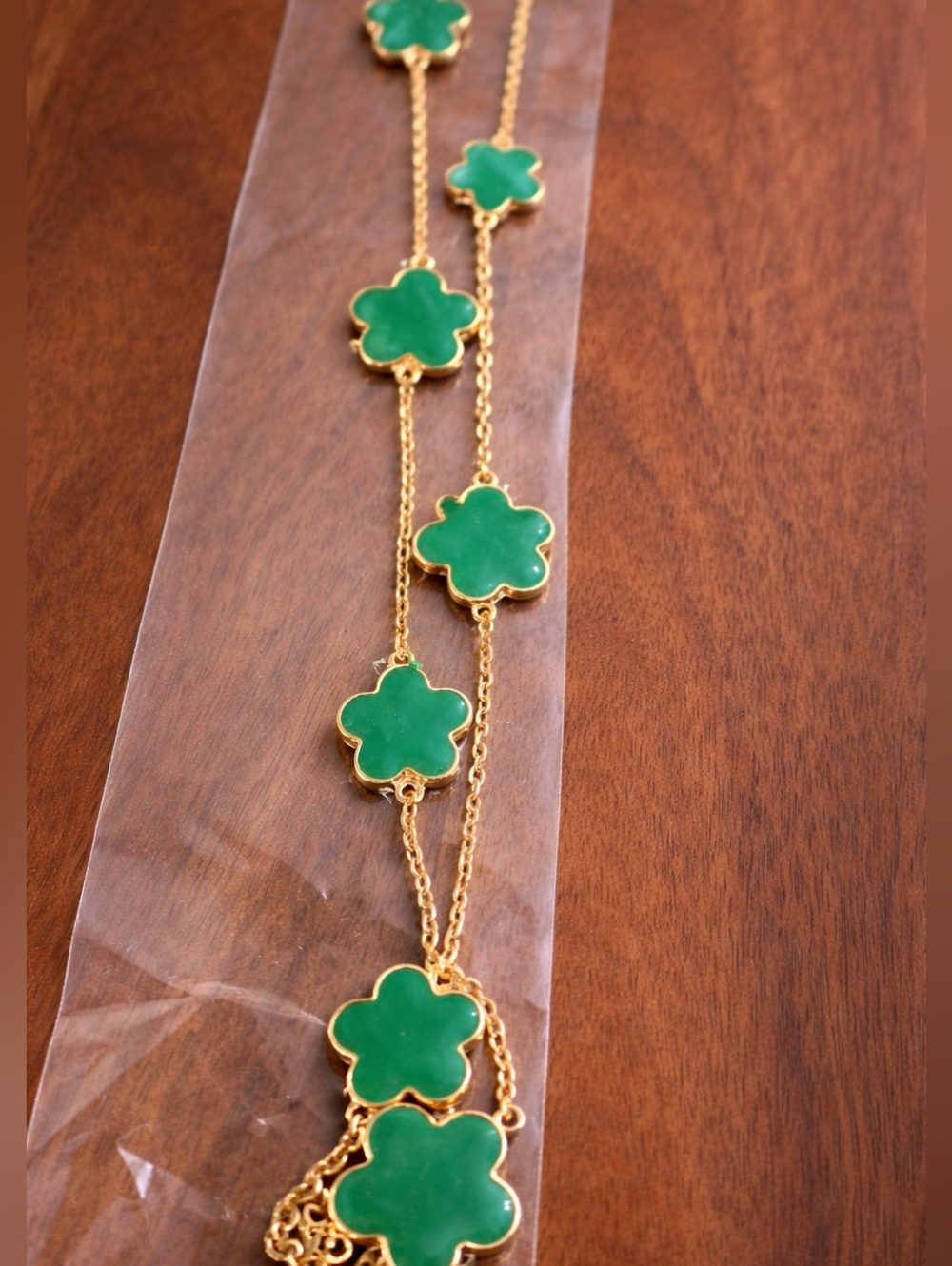 Green Clover Set Gold Tone Necklace & Stud Earrings Matching Set Alhambra Style - Picture 3 of 4